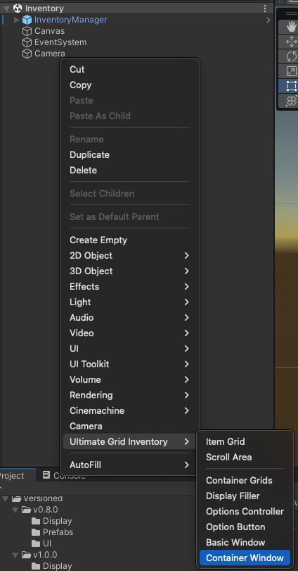 Showing the UGI Menu for ContainerWindow