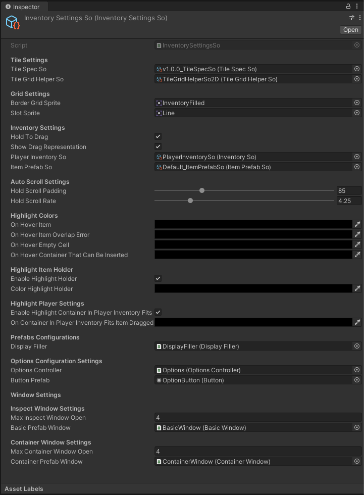 Sample Inventory Settings SO