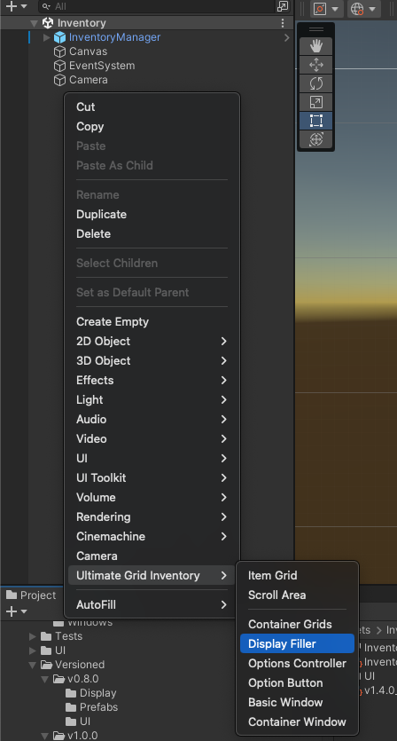 Showing display filler GameObject menu
