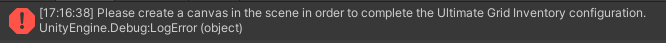 Please create a canvas in the scene to complete the Ultimate Grid Inventory configuration